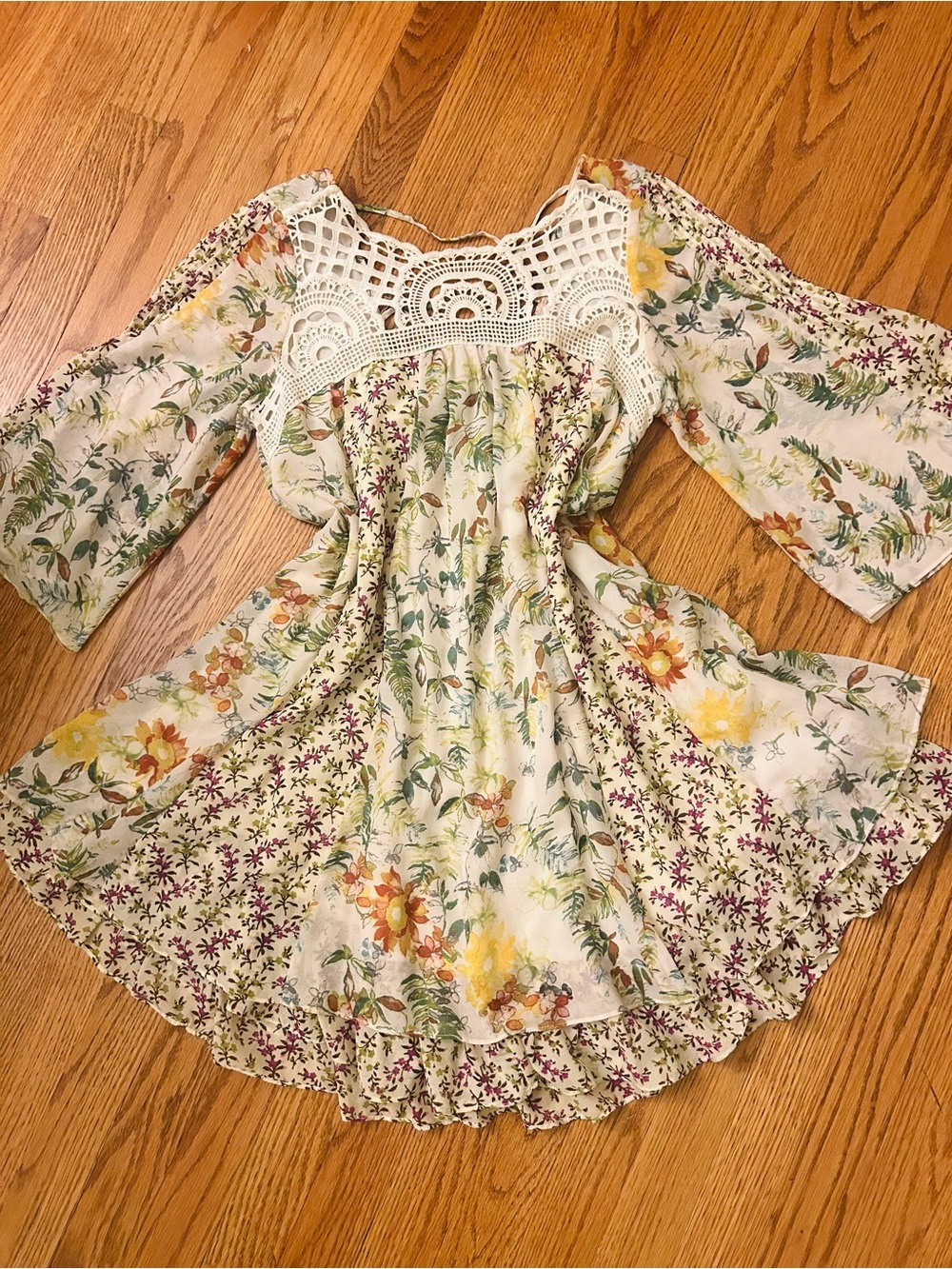 Free People Cream Floral Crochet-Back Sundress with Yellow & Green Accents